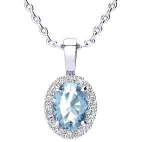 1 1/4 Carat Oval Shape Aquamarine and Halo Diamond Necklace In Sterling Silver With 18 Inch Chain