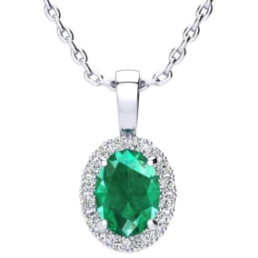 1 1/4 Carat Oval Shape Emerald and Halo Diamond Necklace In Sterling Silver With 18 Inch Chain