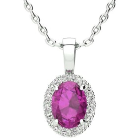 1 1/4 Carat Oval Shape Pink Sapphire and Halo Diamond Necklace In Sterling Silver With 18 Inch Chain