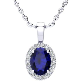 1 1/4 Carat Oval Shape Sapphire and Halo Diamond Necklace In Sterling Silver With 18 Inch Chain
