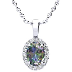 1 1/4 Carat Oval Shape Mystic Topaz and Halo Diamond Necklace In Sterling Silver With 18 Inch Chain