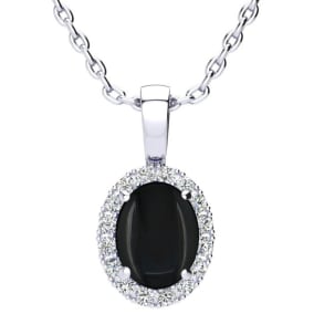 1 1/4 Carat Oval Shape Black Onyx and Halo Diamond Necklace In Sterling Silver With 18 Inch Chain