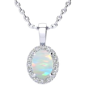 1 1/4 Carat Oval Shape Opal and Halo Diamond Necklace In  Sterling Silver With 18 Inch Chain