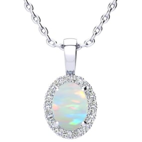 1 1/4 Carat Oval Shape Opal and Halo Diamond Necklace In Sterling Silver With 18 Inch Chain