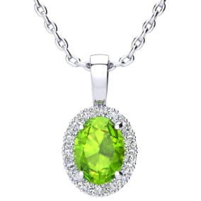 1 1/4 Carat Oval Shape Peridot and Halo Diamond Necklace In Sterling Silver With 18 Inch Chain