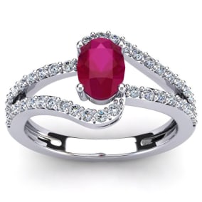 1.40 Carat Oval Shape Created Ruby and Fancy Diamond Ring In Sterling Silver