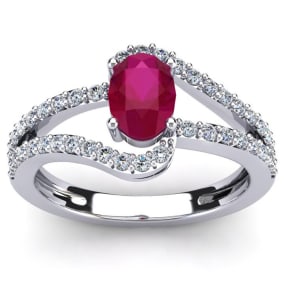 Ruby Ring: 1.40 Carat Oval Shape Created Ruby and Fancy Diamond Ring In Sterling Silver