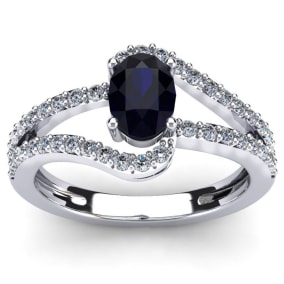 1.40 Carat Oval Shape Created Sapphire and Fancy Diamond Ring In Sterling Silver