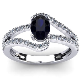 Sapphire Ring: 1.40 Carat Oval Shape Created Sapphire and Fancy Diamond Ring In Sterling Silver