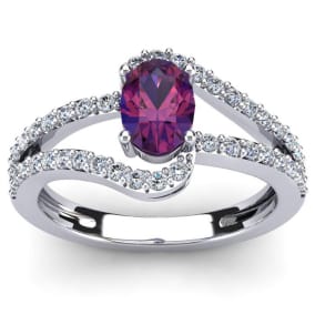 Amethyst Ring: 1.40 Carat Oval Shape Amethyst and Fancy Diamond Ring In Sterling Silver