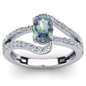1.40 Carat Oval Shape Mystic Topaz and Fancy Diamond Ring In Sterling Silver
