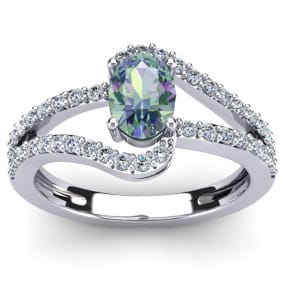 Mystic Topaz Ring: 1.40 Carat Oval Shape Mystic Topaz and Fancy Diamond Ring In Sterling Silver