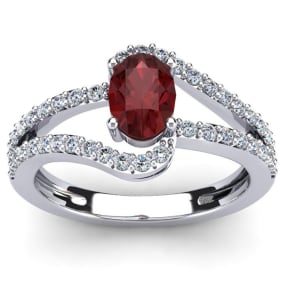 1.40 Carat Oval Shape Garnet and Fancy Diamond Ring In Sterling Silver