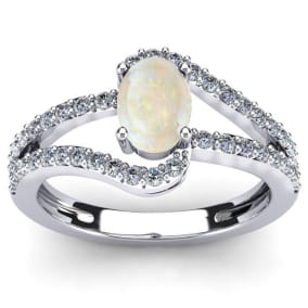 Opal Ring: 1.40 Carat Oval Shape Created Opal and Fancy Diamond Ring In Sterling Silver