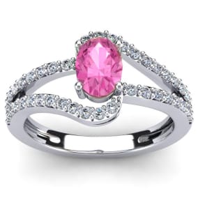 Pink Sapphire Ring: 1.40 Carat Oval Shape Created Pink Sapphire and Fancy Diamond Ring In Sterling Silver