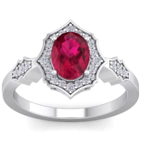 1 1/2 Carat Oval Shape Created Ruby and Halo Diamond Ring In Sterling Silver