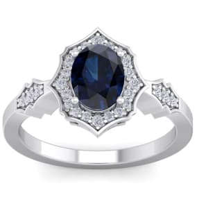 1 1/2 Carat Oval Shape Created Sapphire and Halo Diamond Ring In Sterling Silver