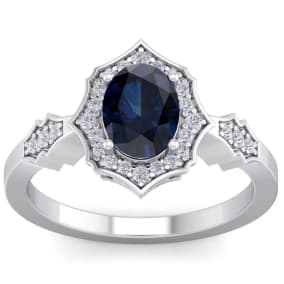 Sapphire Ring: 1 1/2 Carat Oval Shape Created Sapphire and Halo Diamond Ring In Sterling Silver