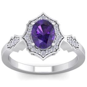 Amethyst Ring: 1 1/2 Carat Oval Shape Amethyst and Halo Diamond Ring In Sterling Silver