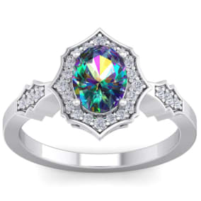 Mystic Topaz Ring: 1 1/2 Carat Oval Shape Mystic Topaz and Halo Diamond Ring In Sterling Silver