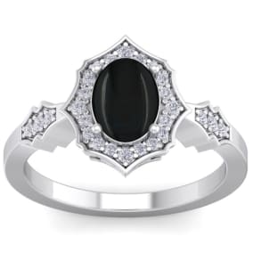 1 1/2 Carat Oval Shape Black Onyx and Halo Diamond Ring In Sterling Silver