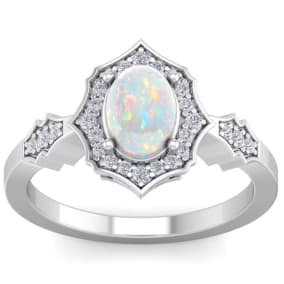 Opal Ring: 1 1/2 Carat Oval Shape Created Opal and Halo Diamond Ring In Sterling Silver