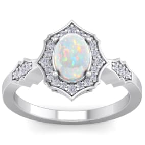 1 1/2 Carat Oval Shape Created Opal and Halo Diamond Ring In Sterling Silver