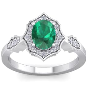 1 1/2 Carat Oval Shape Created Emerald and Halo Diamond Ring In Sterling Silver