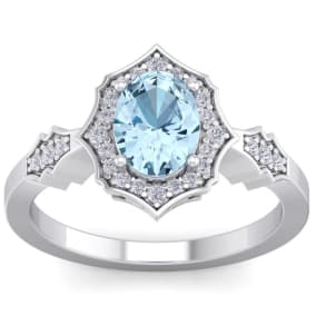 Aquamarine Ring: 1 1/2 Carat Oval Shape Aquamarine and Halo Diamond Ring In Sterling Silver