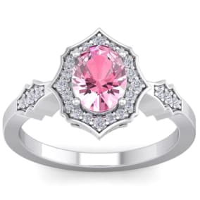1 1/2 Carat Oval Shape Created Pink Sapphire and Halo Diamond Ring In Sterling Silver