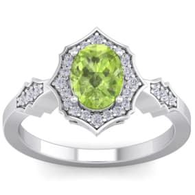 1 1/2 Carat Oval Shape Peridot and Halo Diamond Ring In Sterling Silver