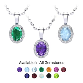 1 Carat Oval Shape Gemstone and Diamond Necklace In Sterling Silver
