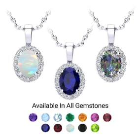 1 1/4 Carat Oval Shape Gemstone and Diamond Necklace In Sterling Silver