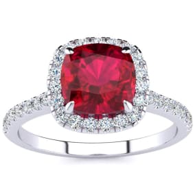 2 Carat Cushion Cut Created Ruby and Halo Diamond Ring In Sterling Silver