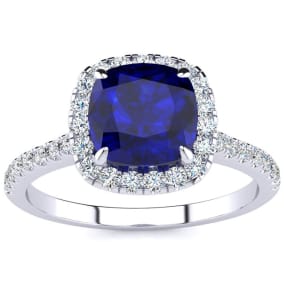 Sapphire Ring: 2 Carat Cushion Cut Created Sapphire and Halo Diamond Ring In Sterling Silver