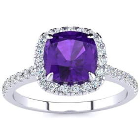 2 Carat Cushion Cut Amethyst and Halo Diamond Ring In Sterling Silver