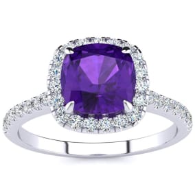 Amethyst Ring: 2 Carat Cushion Cut Amethyst and Halo Diamond Ring In Sterling Silver