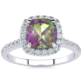 Mystic Topaz Ring: 2 Carat Cushion Cut Mystic Topaz and Halo Diamond Ring In Sterling Silver