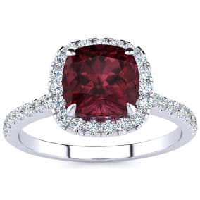 Garnet Ring: 2 Carat Cushion Cut Garnet and Halo Diamond Ring In Sterling Silver