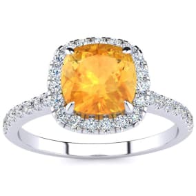 Citrine Ring: 2 Carat Cushion Cut Citrine and Halo Diamond Ring In Sterling Silver