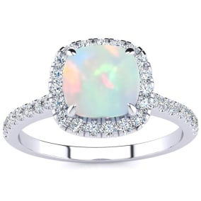 Opal Ring: 2 Carat Cushion Cut Created Opal and Halo Diamond Ring In Sterling Silver