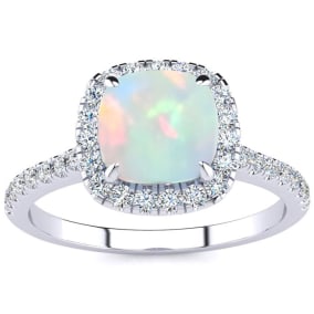 2 Carat Cushion Cut Created Opal and Halo Diamond Ring In Sterling Silver