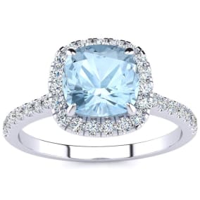 Aquamarine Ring: 2 Carat Cushion Cut Aquamarine and Halo Diamond Ring In Sterling Silver