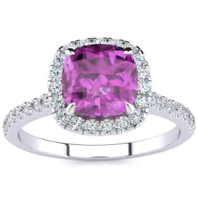 Pink Sapphire Ring: 2 Carat Cushion Cut Created Pink Sapphire and Halo Diamond Ring In Sterling Silver