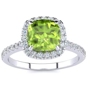 Peridot Ring: 2 Carat Cushion Cut Peridot and Halo Diamond Ring In Sterling Silver