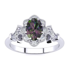 Mystic Topaz Ring: 1 Carat Oval Shape Mystic Topaz and Halo Diamond Ring In Sterling Silver