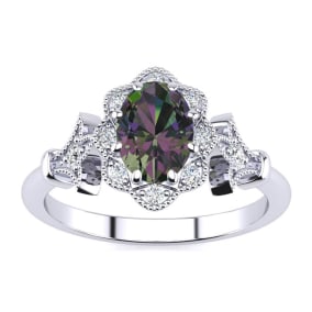 1 Carat Oval Shape Mystic Topaz and Halo Diamond Ring In Sterling Silver