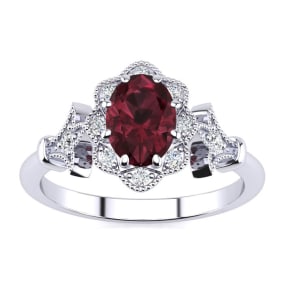 1 Carat Oval Shape Garnet and Halo Diamond Ring In Sterling Silver