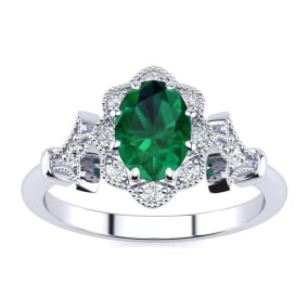 1 Carat Oval Shape Created Emerald and Halo Diamond Ring In Sterling Silver