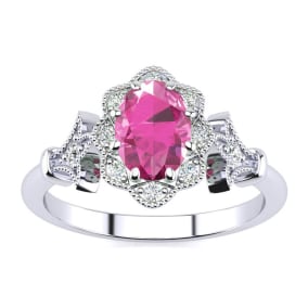 1 Carat Oval Shape Created Pink Sapphire and Halo Diamond Ring In Sterling Silver